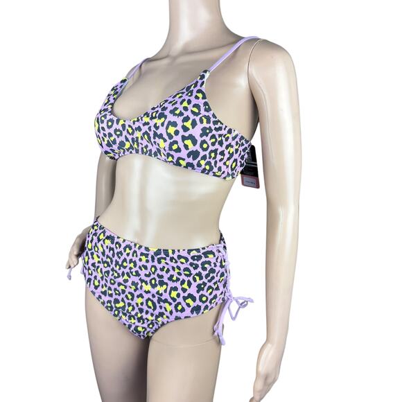 New Shekini Purple Black Leopard Print High Waist Scoop Neck 2 Pc Set Swimsuit M - Picture 4 of 11